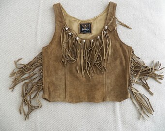 Vintage Womens Sand Tan Suede Crop Short Top Size Zip Fringe Biker Western Boho Size S