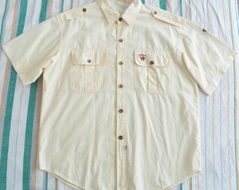 Vintage Camel Cigarettes Brand MENS Safari Military SHIRT Size M L Medium Large soft yellow cotton Short Sleeve Camel Shirt