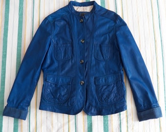 Vintage Leonardo Size XL Womens Blue Leather Button Up Jacket Mandarin Collar