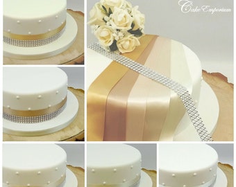 Cake Ribbon Double Satin Shades of Cream and Gold Ribbon 35mm with 4 Row Diamante Trim Cake Topper Trim