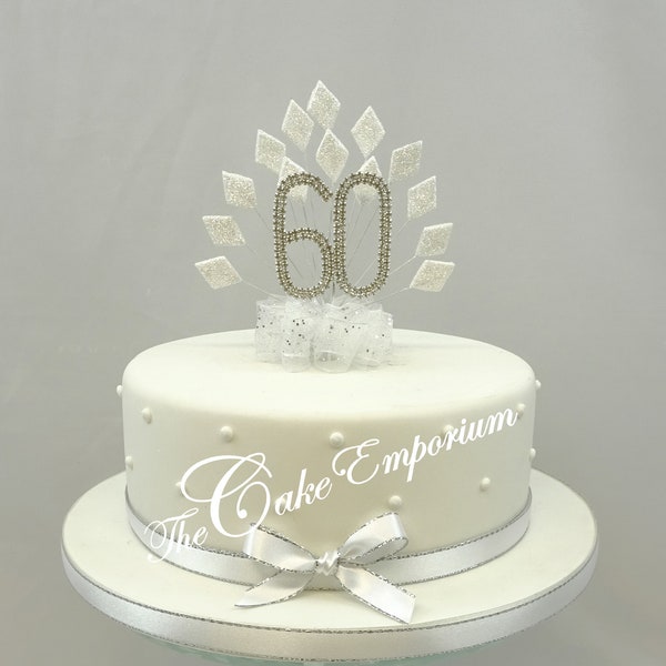 Cake Topper White Diamond  burst spray with birthday or anniversary diamante number matching ribbon