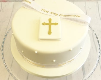 First Holy Communion Edible Silver Cross or Gold Cross  Bible & Ribbon Cake Decoration Topper