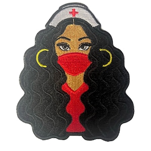 May include: Embroidered iron-on patch featuring a cartoon illustration of a Black woman with long curly hair wearing a red face mask, a red dress, and a white nurse's cap with a red cross.