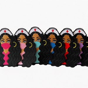 May include: Set of seven embroidered iron-on patches featuring a cartoon nurse with different colored face masks. Each patch has a white nurse's cap with a red cross.
