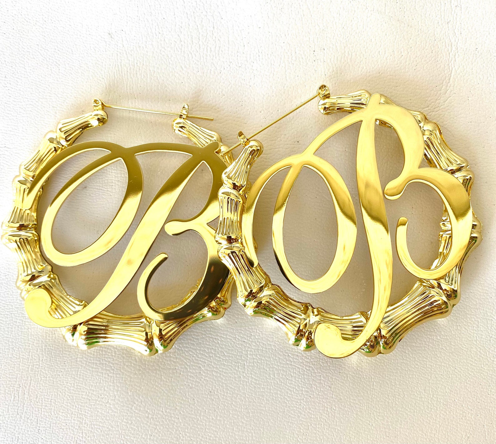 Initial Bamboo Hoop Earrings Gold Plated Etsy