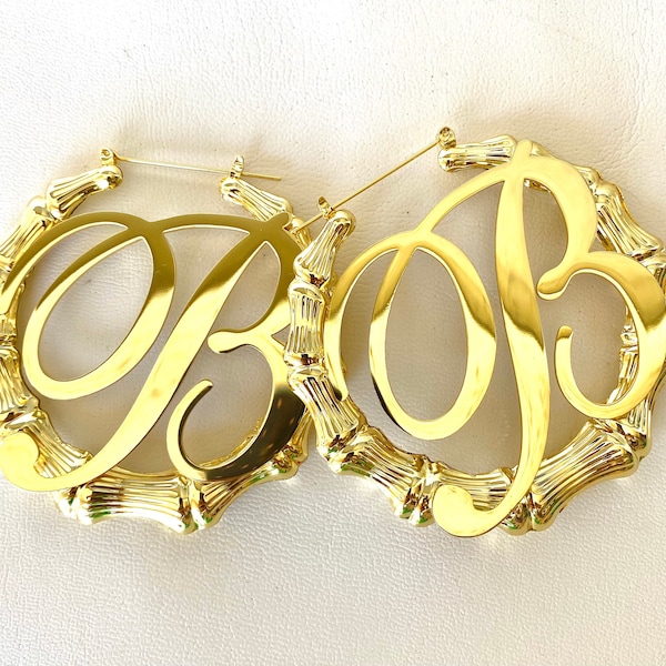 Initial Bamboo Hoop Earrings Gold Plated