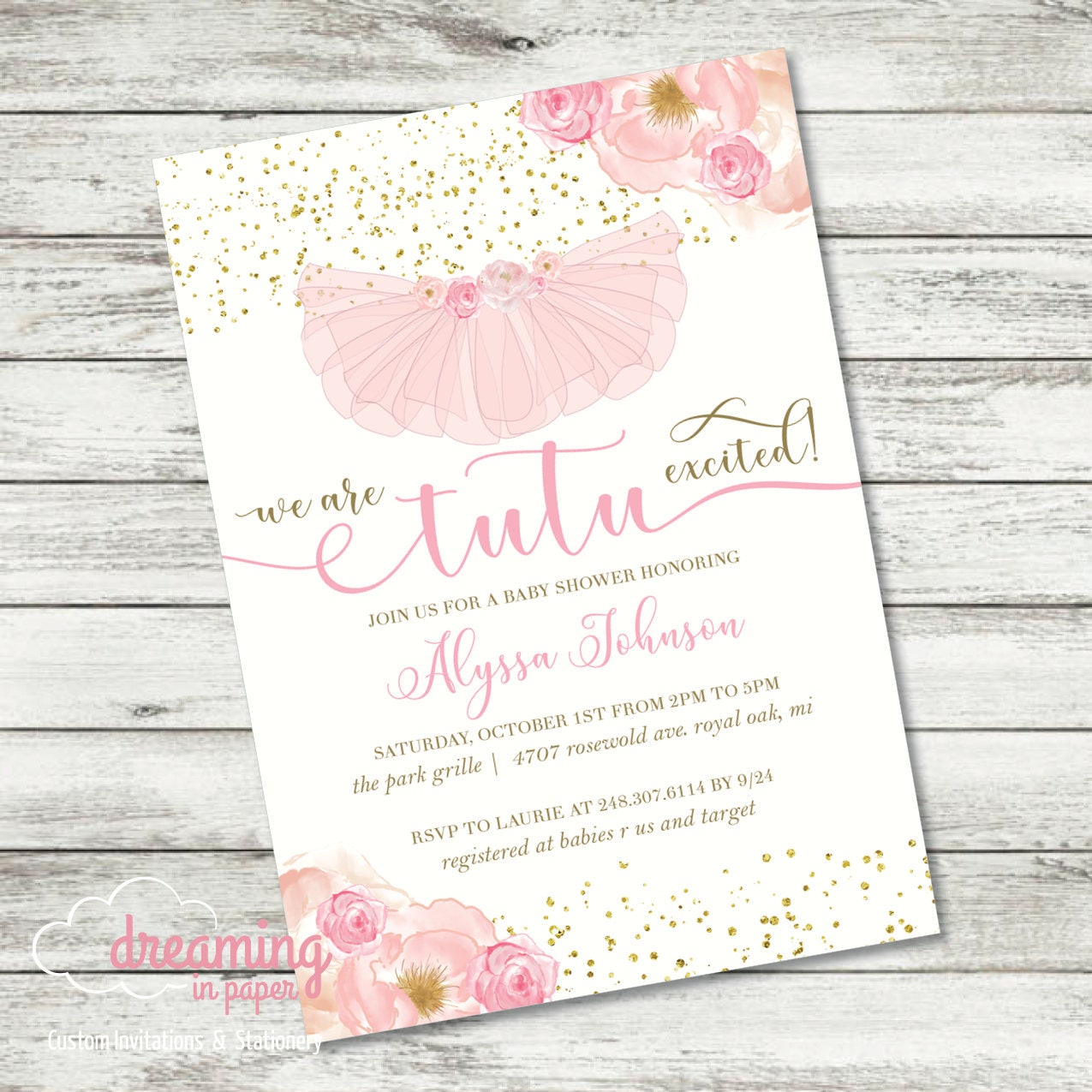 Tutu Excited Cute Baby Shower Invitation Pink Tutu Gold Etsy