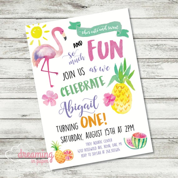 flamingo and pineapple birthday invitations