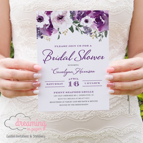 Purple Floral Bridal Shower Invitation Bohemian Bridal Shower Etsy