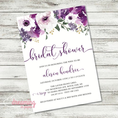 Purple Floral Bridal Shower Invitation Bohemian Bridal Shower Etsy