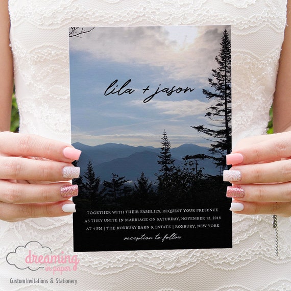 rustic mountain landscape wedding invitation set etsy