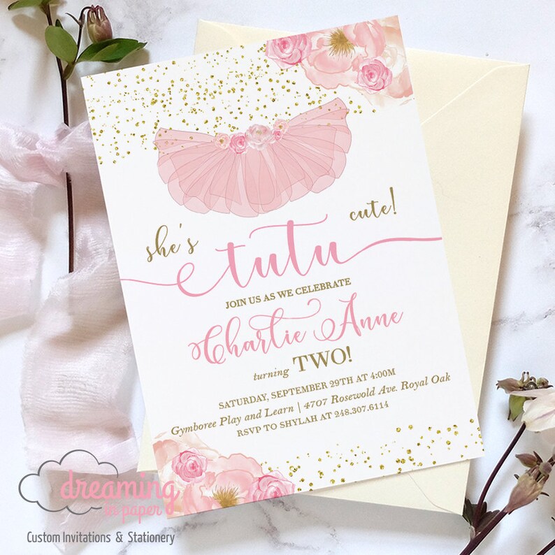 Tutu Cute Birthday Party Invitation Turning 2 Two Pink Etsy