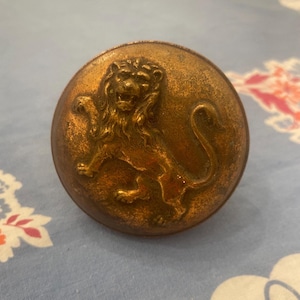 May include: A circular, metallic door knob with a weathered, bronze-toned finish. The center of the knob features a raised, embossed relief of a lion standing on its hind legs, facing forward with its mouth slightly open.