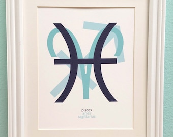 Segno zodiacale personalizzato simbolo stampa artistica - Midnight Blue & turchese