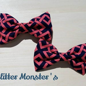 Boys Coral and Navy Bow Tie in Cotton, Ring Bearer Bow Tie, Groomsmen Bow Tie, Graduation Bow Tie, Clip on Bow Tie image 1