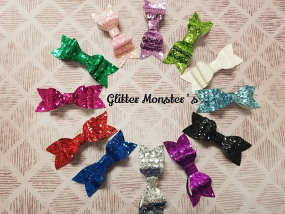 Girls Handmade set of 2 football red white Glitter Hair Bow Clips 2.5/"