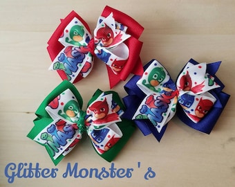 PJ Mask Hair bows, PJ Mask Birthday Accessories, Super Hero Hair Bows, Super Hero Birthdays, PJ Mask Birthdays, Catboy, Owlette, Gekko Bow