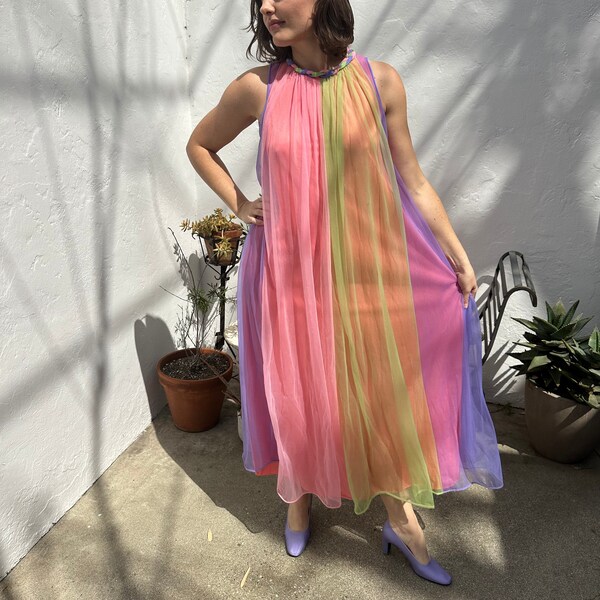 1960s Rare Rainbow Nylon Chiffon Peignoir Dress with Braided Neckline