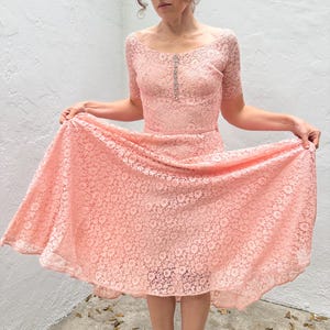 1940s Pink Lace Formal Dress: Handmade Rhinestone Buttons, Size Small