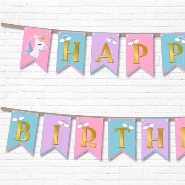 Unicorn banner for birthday party.  Unicorn birthday party banner. Happy birthday unicorn banner. Unicorn party banner. PDF Printable file.