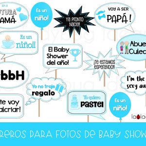 Carteles para fotos de Baby shower niño. Archiwum para imprimir. Hiszpański baby shower. Hiszpańska fotobudka rekwizytuje chłopca na baby shower.  Letreros.