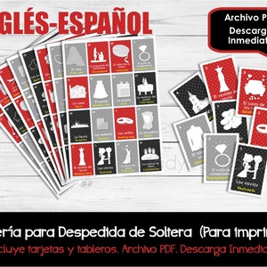 CUSTOM Colors. Lotería para Despedida de soltera Inglés-Español, Imprimible. Juego despedida de soltera. PDF. Rojo, blanco, negro y plateado