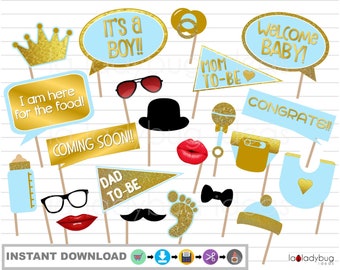 Gold & Blue Baby Shower Photo Booth Props (PDF Printable)
