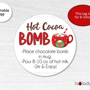 Hot Cocoa Bomb tags 8-10oz. Hot cocoa bomb instructions card. Printable tags for hot chocolate bombs. Instant download. Round label.