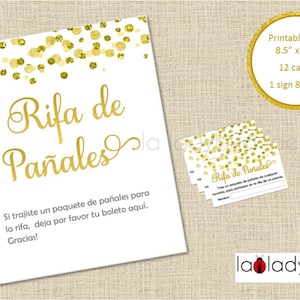 Rifa de pañales, tarjetas en letrero. Afdrukbaar luierloterijspel. Spaans.PDF Direct downloaden. Jongen, meisje, gender reveal babyshower. Goud.