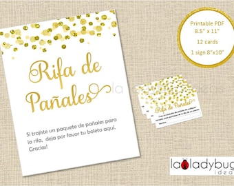 Rifa de pañales, tarjetas y letrero. Printable Diaper Raffle game.  Spanish.PDF Instant download. Boy, girl, gender reveal baby shower. Gold.