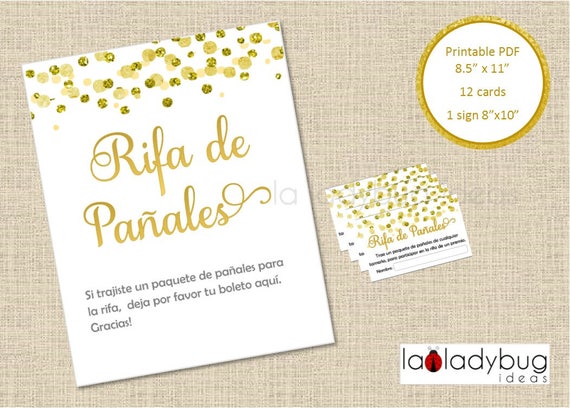 Rifa de pañales, tarjetas y letrero. Printable Diaper Raffle game.  Spanish.PDF Instant download. Boy, girl, gender reveal baby shower. Gold.