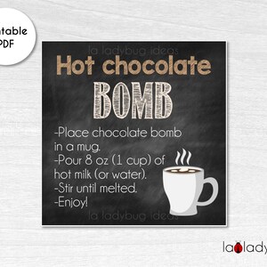Hot cocoa bomb instructions card. Printable tags for hot chocolate bombs. Instant download. Square label for cocoa. Hot Chocolate Bomb tag.
