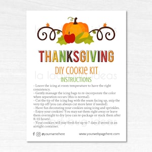 Thanksgiving DIY Cookie kit instructions card. Editable template card for Thanksgiving. Printable cookie card. Cookie instructions card.