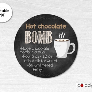 Hot Chocolate Bomb tag. Hot cocoa bomb instructions card. Printable tags for hot chocolate bombs. Instant download. Round label for cocoa.