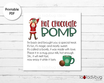 Hot Chocolate Bomb tag with Elf. Hot cocoa bomb instructions tag. Printable tags for chocolate bombs. Instant download. Cocoa Square label.