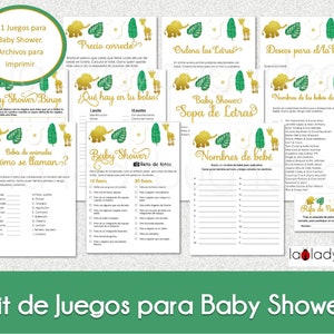 Juegos baby shower para imprimir. 11 juegos en PDF. Baby shower games in Spanish. Sopa de letras, carrera de nombres, bingo. Gold safari.