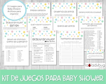 Juegos de baby shower para imprimir. 11 juegos. Baby shower games in Spanish. Sopa de letras, carrera de nombres, bingo. PDF para imprimir.