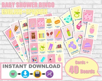 GIRL Custom colors Baby Shower Bingo English-Spanish. Baby shower loteria para niña. PDF para imprimir. Instant download. Pink and yellow