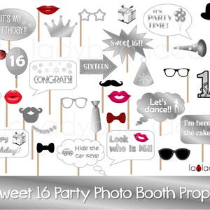 Sweet 16 Party  photo booth props. Printable. DIY Sweet 16 party props for pictures. Instant download. PDF Digital. White, silver winter.