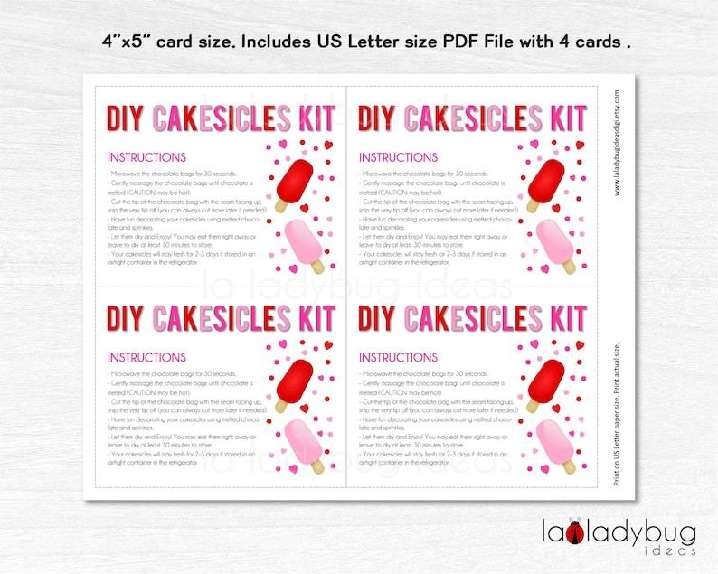 DIY Cakesicles Kit Instructions Card Valentines. Printable Etsy
