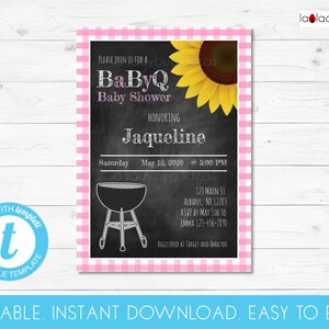 BaByQ invitation pink. Editable template. BabyQ shower invitation. BBQ Baby shower invitation. Download, edit and print. BBQ Shower pink