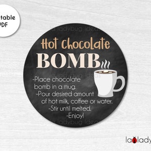 Hot Chocolate Bomb tag. Hot cocoa bomb instructions card. Printable tags for hot chocolate bombs. Instant download. Round label for cocoa.