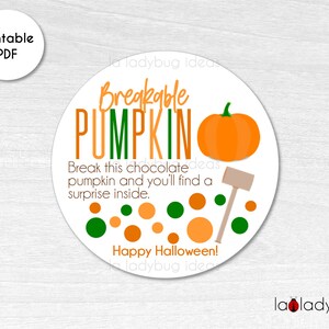 Breakable chocolate pumpkin tag. Breakable pumpkin printable tag. Printable tags for Halloween. Halloween tags. Instant Download file.