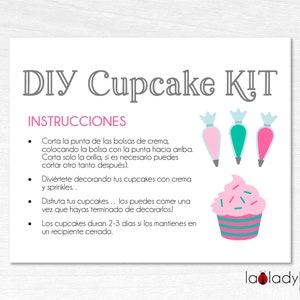 DIY Cupcake kit Printable card in Spanish. Cupcake kit instructions. Printable Instructions for DIY cupcake kit. Instant Download.