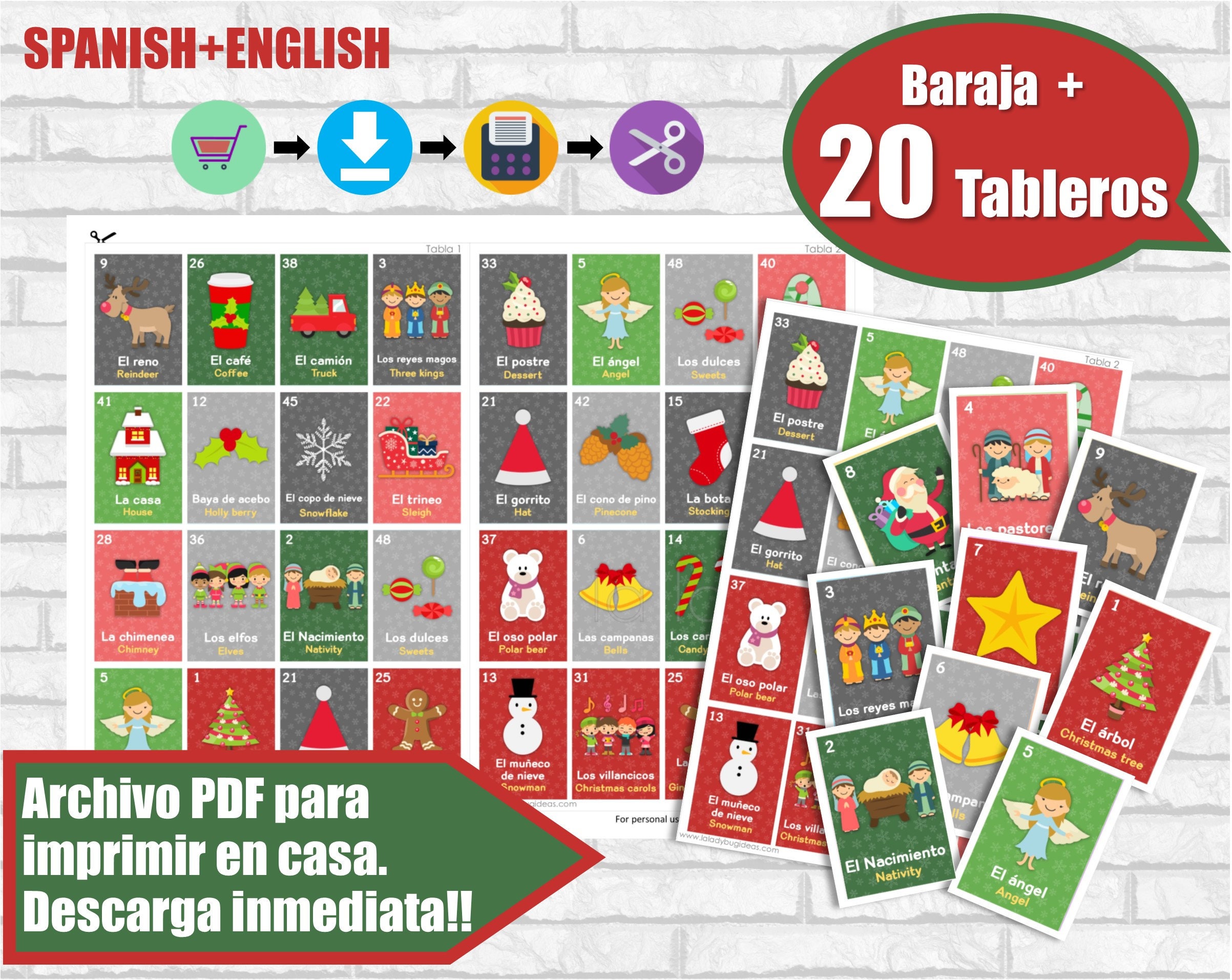 Lotería Navidad Ingles Y Español. Juego Para Navidad. PDF Para Etsy