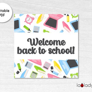 Afdrukbare Cookie Square-tag. Welkom Terug naar school vierkante kaart voor koekjes. Digitale koekjestraktatiekaart. Welkom terug cookie-cadeaulabel. School