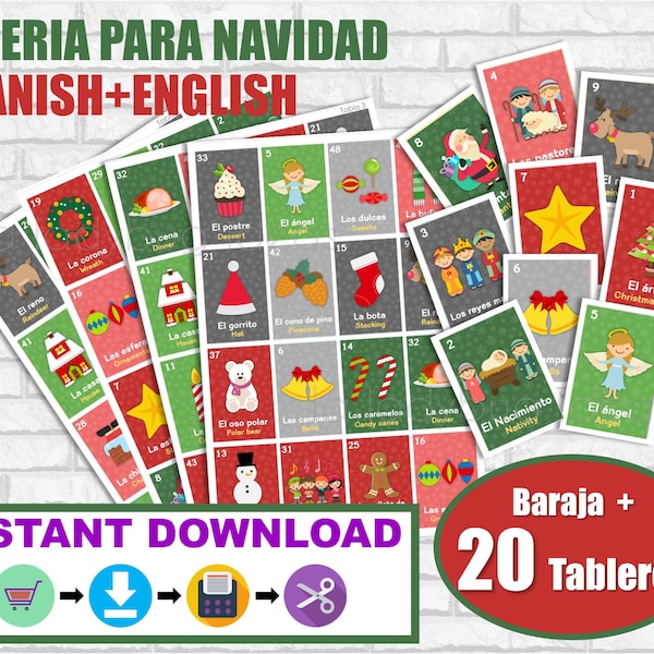Lotería Navidad Ingles y Español. Juego para Navidad. PDF para imprimir. Christmas bingo. English and Spanish. Instant download. Loteria.