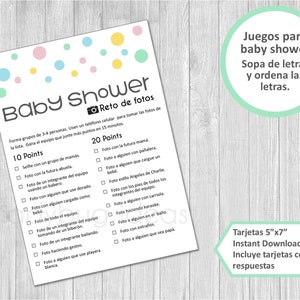 Reto de fotos. Juegos para baby shower para imprimir. Reto de fotos. Descarga inmediata. Baby names game for baby shower in spanish.