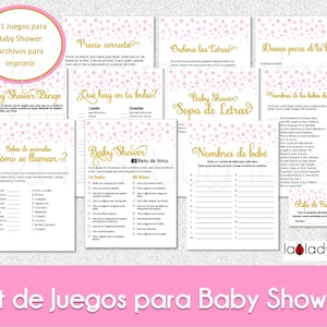 Jogos baby shower de niña para imprimir. 11 jogos. Jogos de chá de bebê em espanhol. Kit Juegos chá de bebê cor rosa. PDF para imprimir.