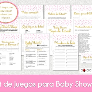 Juegos baby shower de niña para imprimir. 11 juegos. Baby shower games in Spanish. Kit Juegos baby shower color rosa. PDF para imprimir.